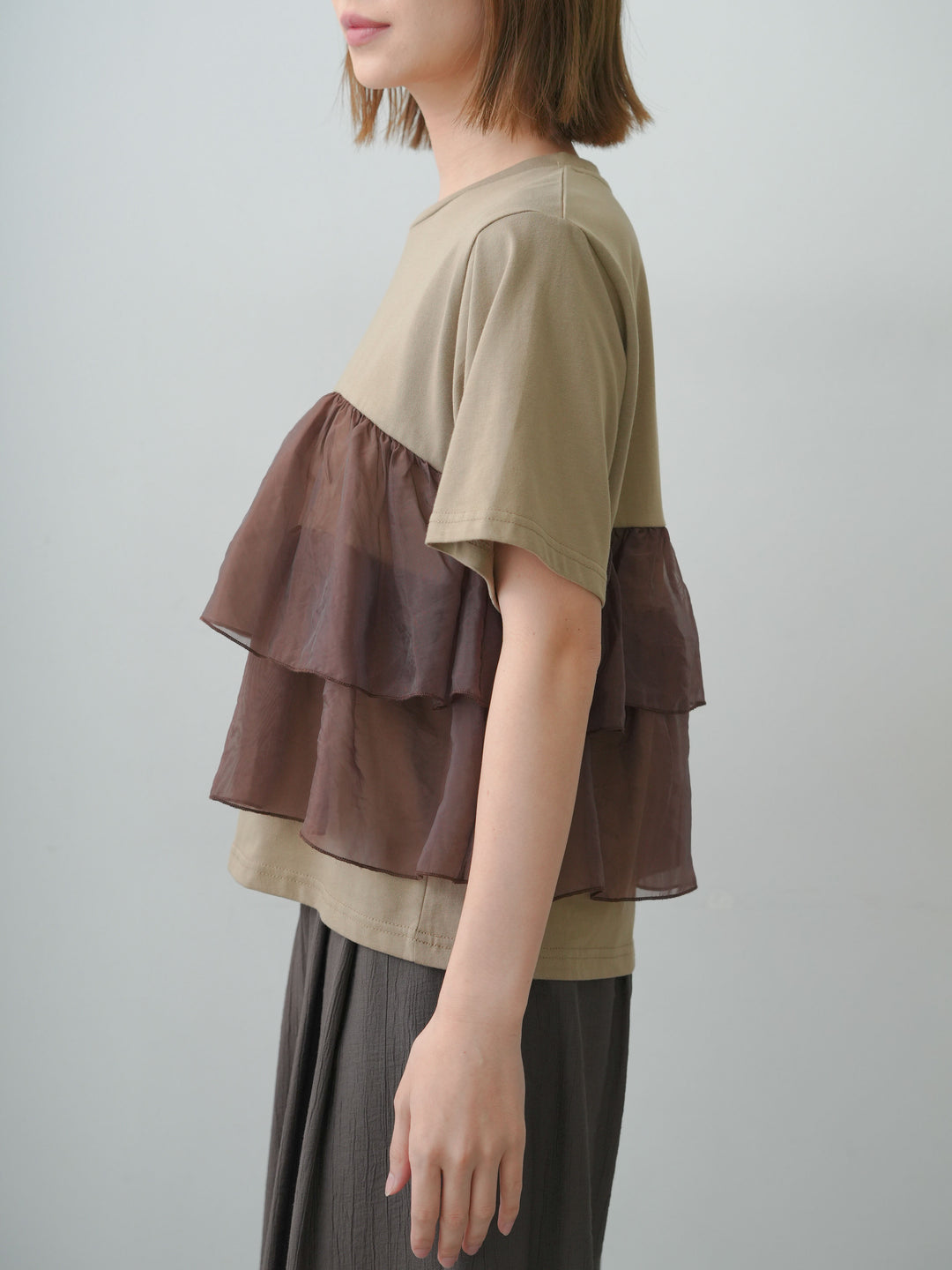 [予約]オーガンジーフリルドッキングTEE/olive