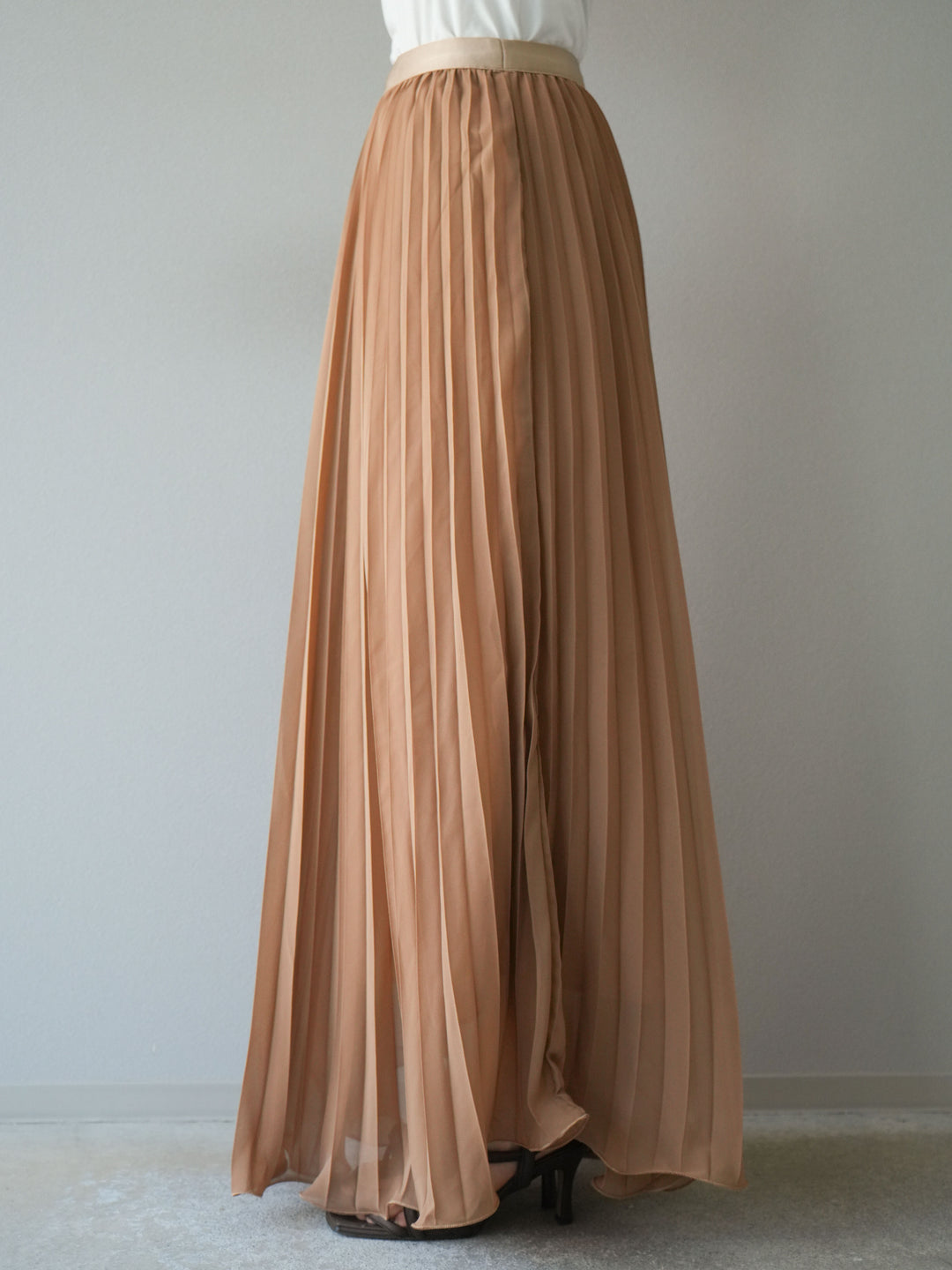 [予約]シフォンプリーツパイピングスカート/キャメル