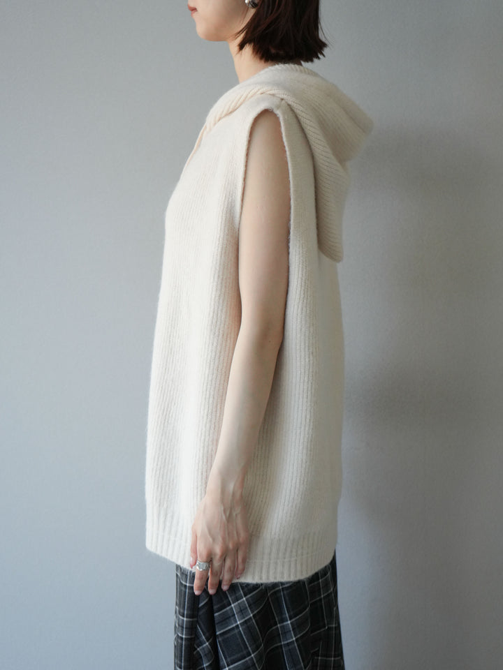 【預購】無袖針織連帽衫/象牙白