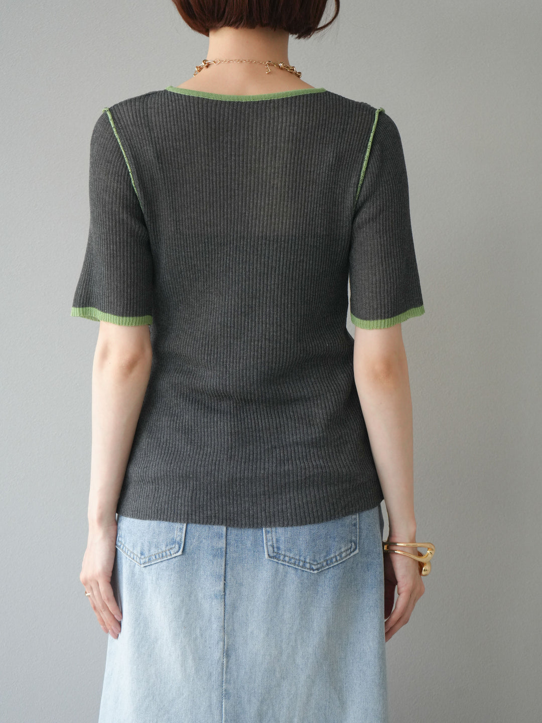 [予約]麻タッチ配色ニットハーフスリーブトップス/チャコール