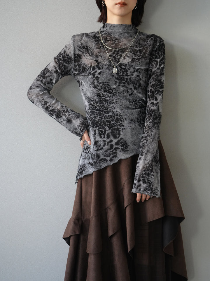 [予約]アシンメトリーアニマル柄シアートップス/グレー