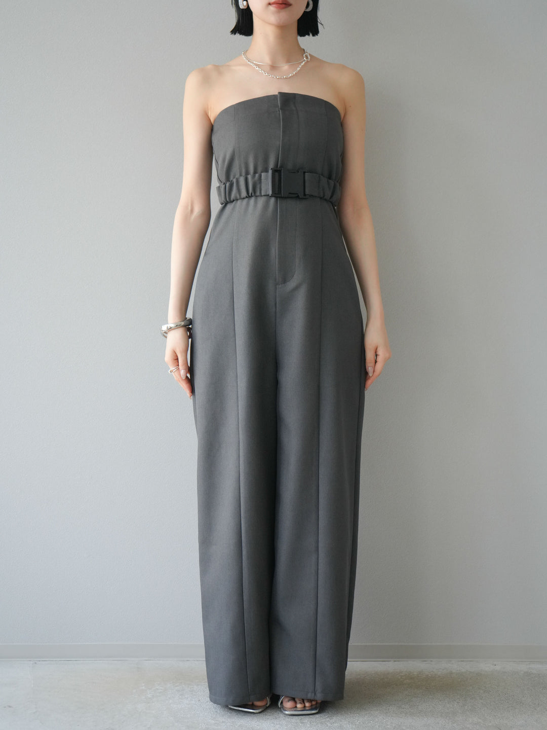 【預購】混色斜紋腰帶熊圖案工裝褲/炭灰色