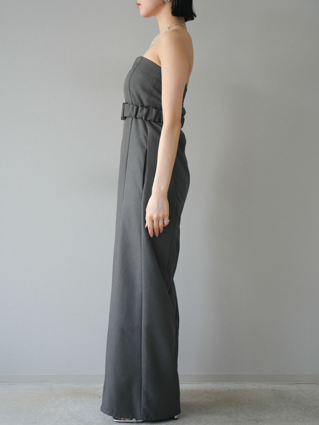 【預購】混色斜紋腰帶熊圖案工裝褲/炭灰色