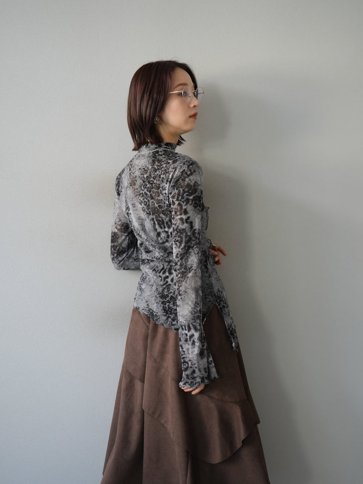 [予約]アシンメトリーアニマル柄シアートップス/グレー