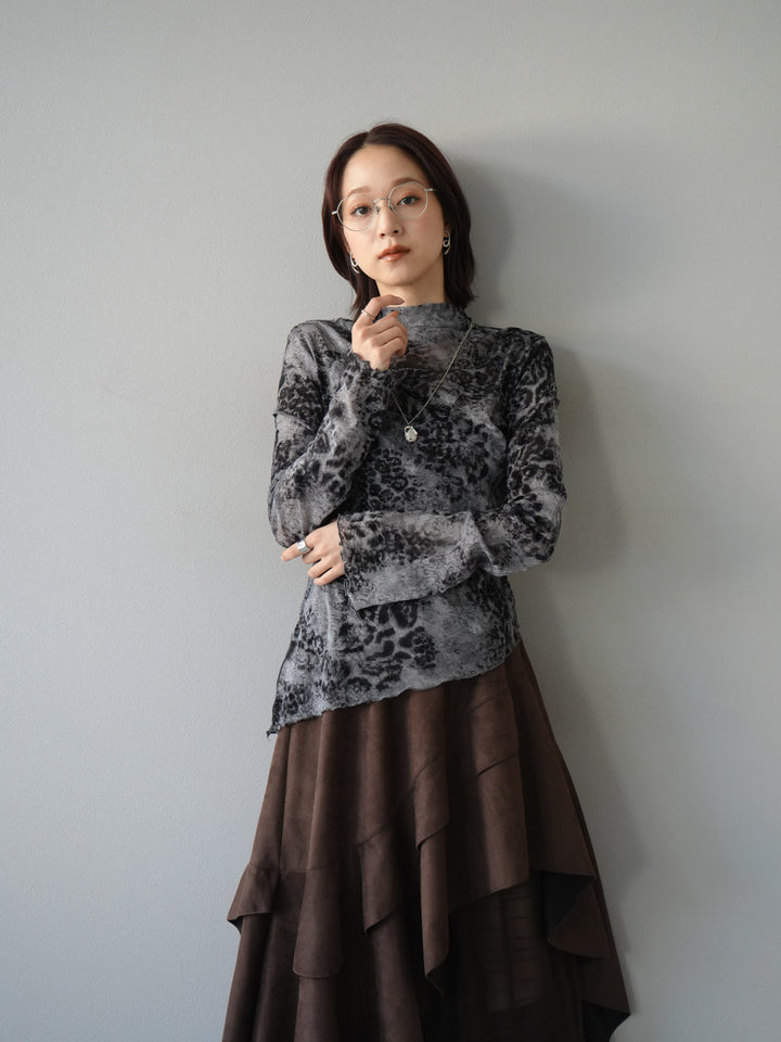 [予約]アシンメトリーアニマル柄シアートップス/グレー