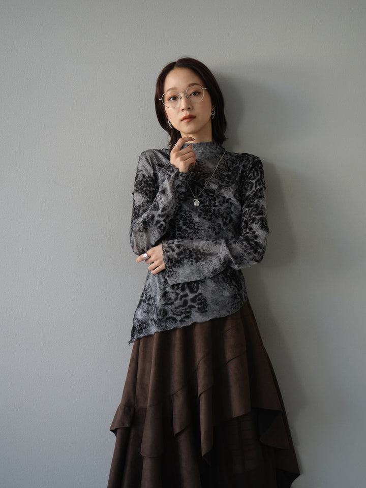 [予約]アシンメトリーアニマル柄シアートップス/グレー