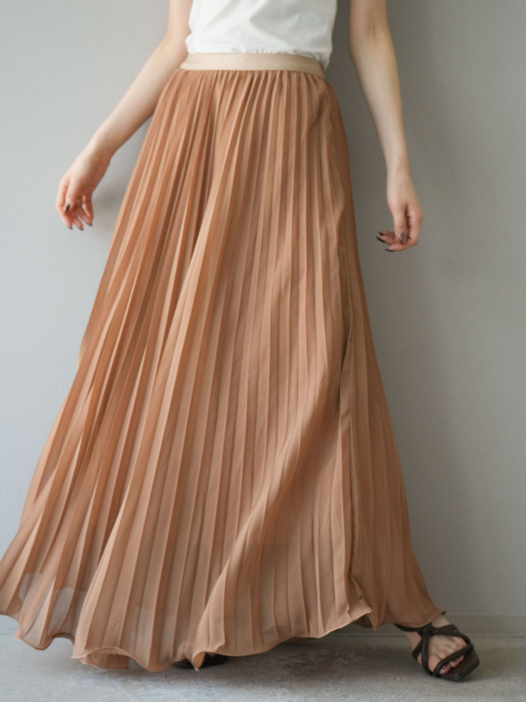 [予約]シフォンプリーツパイピングスカート/キャメル
