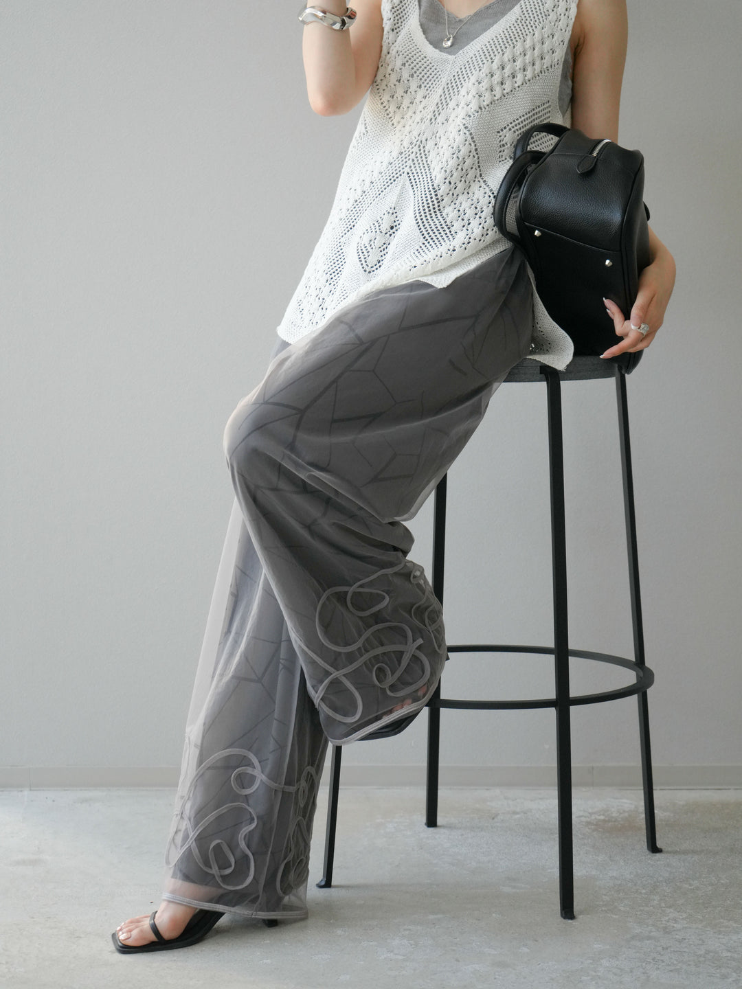 [2] 繩繡薄紗多層褲/灰色