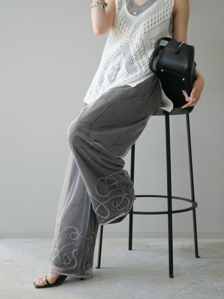 [2] 繩繡薄紗多層褲/灰色