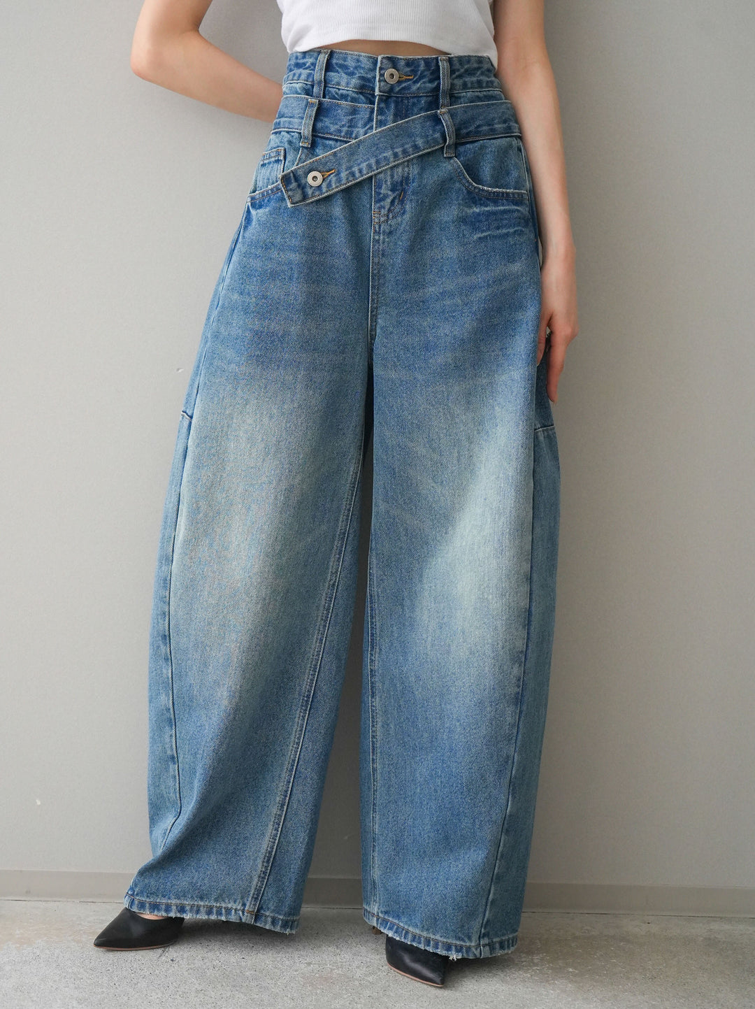 [予約]アシメデザインワイドデニムパンツ/blue