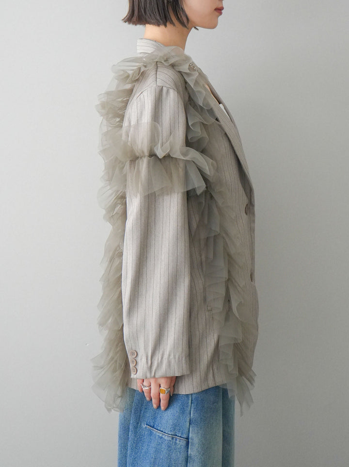 [予約]アシンメトリーチュールストライプジャケット/greige