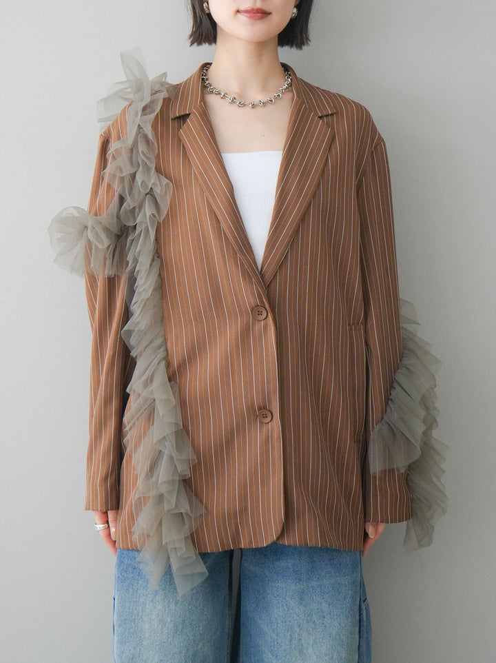 [予約]アシンメトリーチュールストライプジャケット/goldbrown