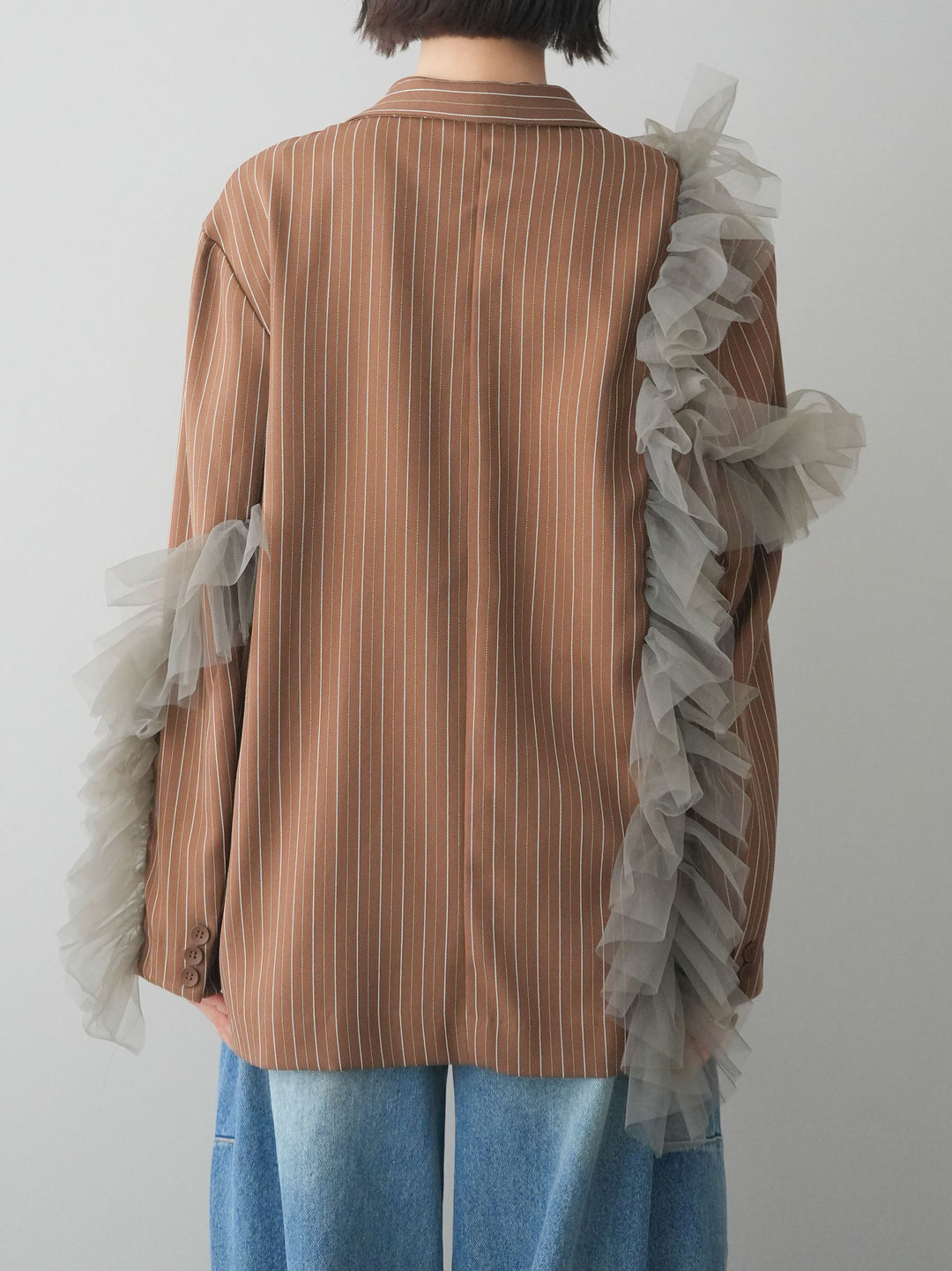 [予約]アシンメトリーチュールストライプジャケット/goldbrown