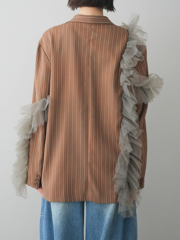 [予約]アシンメトリーチュールストライプジャケット/goldbrown