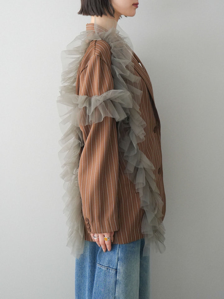 [予約]アシンメトリーチュールストライプジャケット/goldbrown