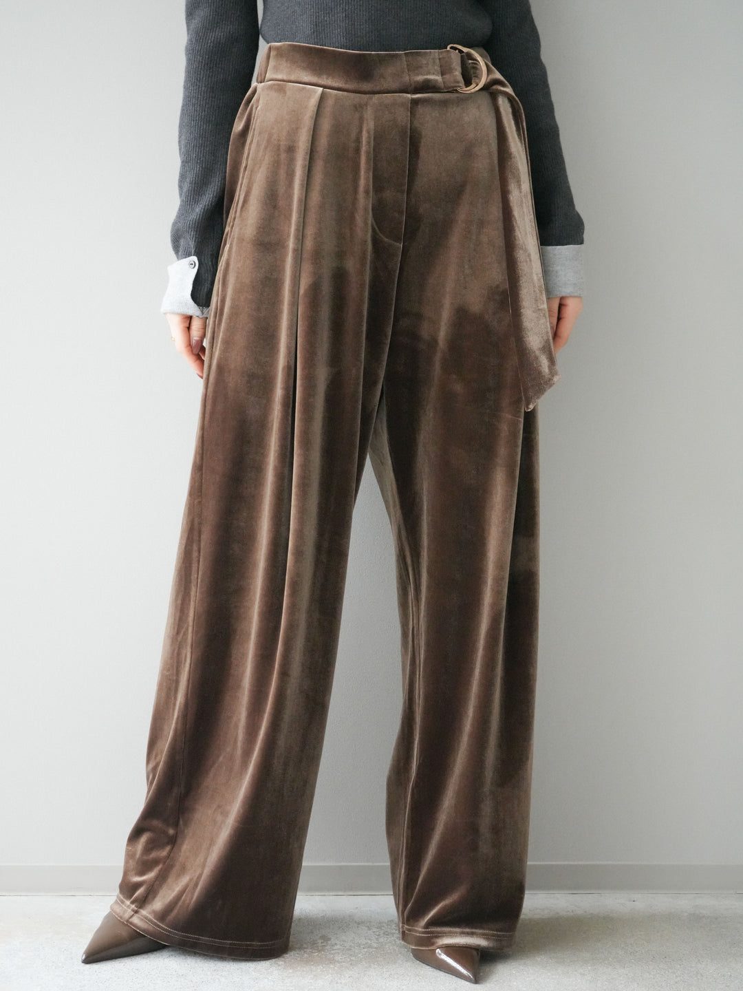 [予約]ベロアベルトスリムパンツ/camel