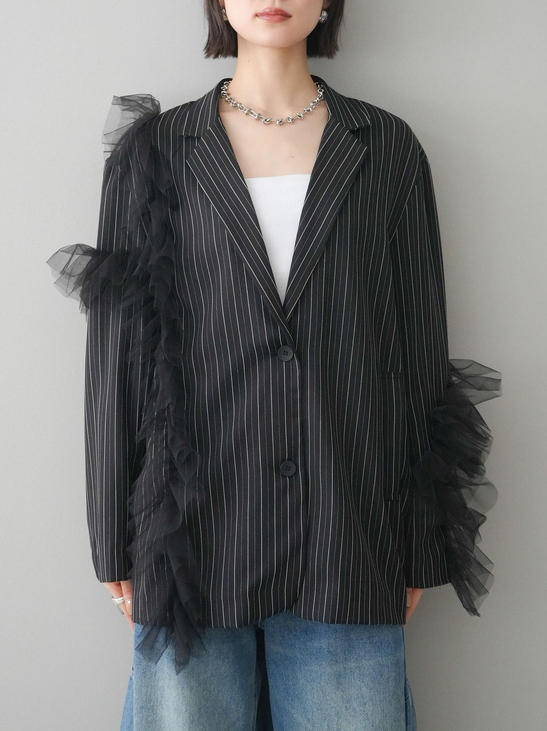 [予約]アシンメトリーチュールストライプジャケット/black