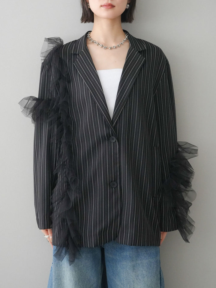 [予約]アシンメトリーチュールストライプジャケット/black