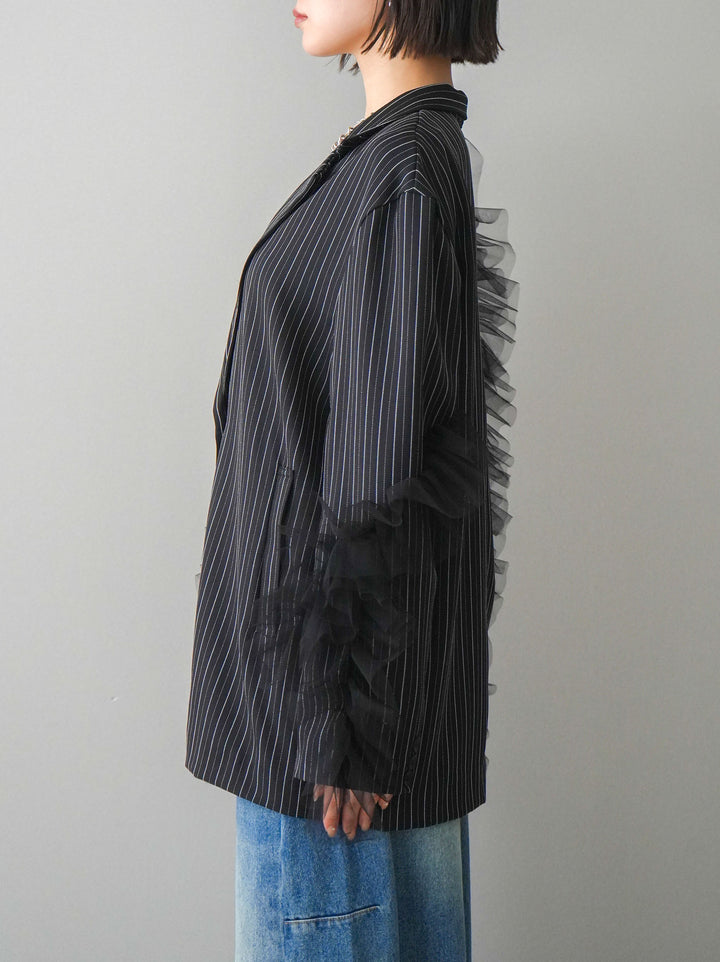 [予約]アシンメトリーチュールストライプジャケット/black
