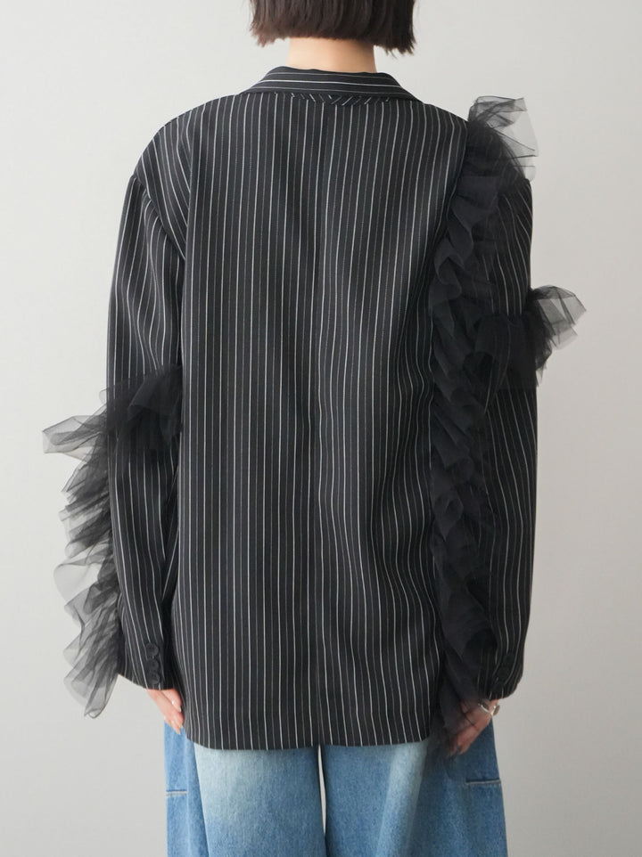 [予約]アシンメトリーチュールストライプジャケット/black