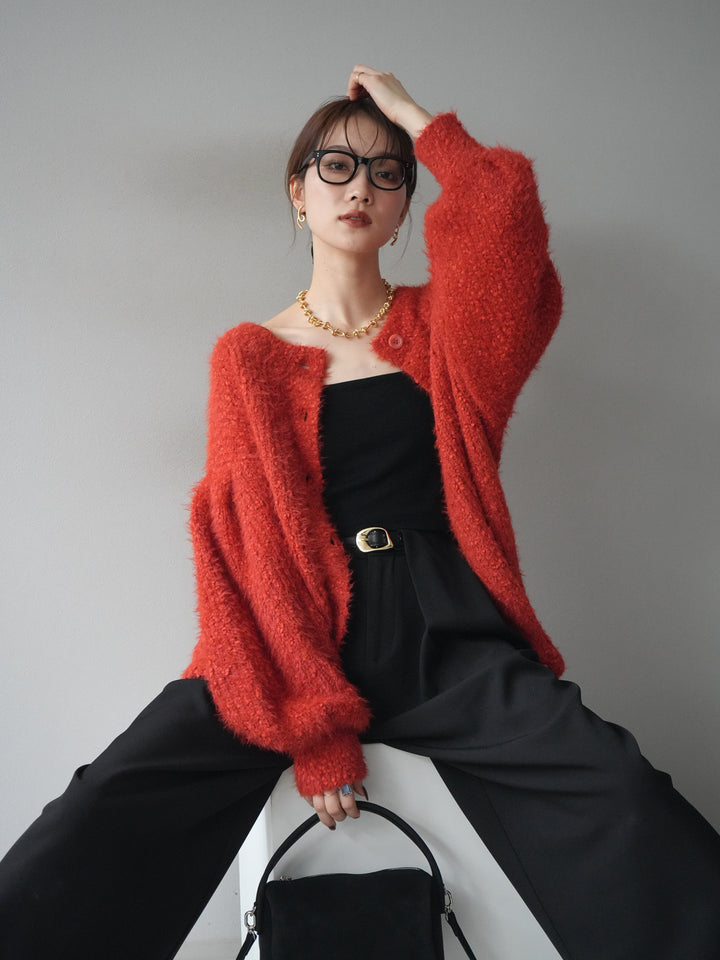 [予約]クルーネックランダムシャギーカーディガン/レッド