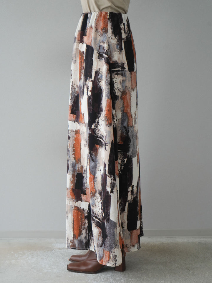 [予約]ペイント柄フレアロングスカート/ベージュ