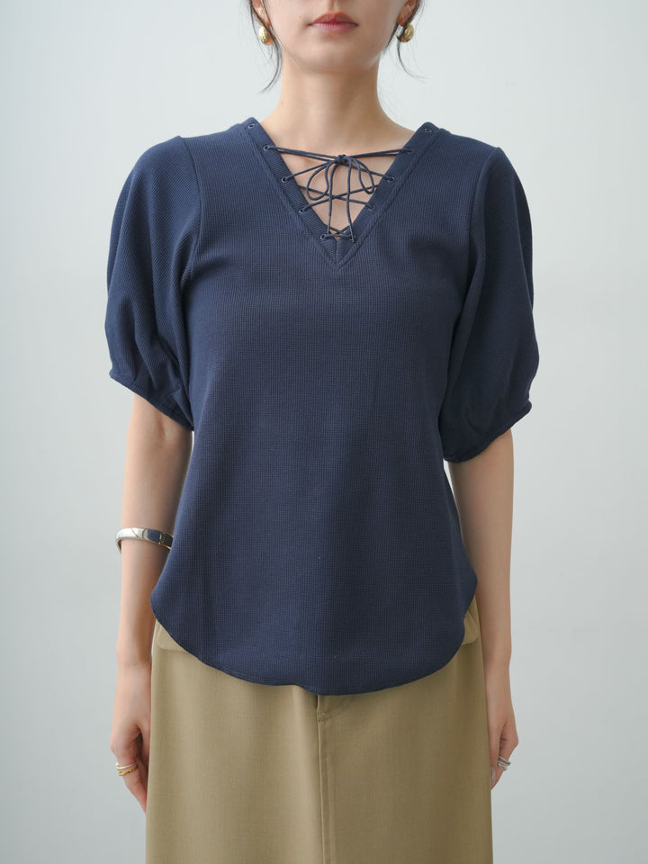 [予約]レースアップワッフルハーフトップス/navy