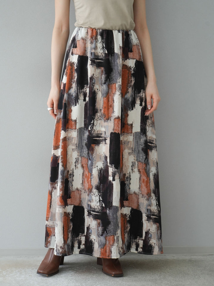 [予約]ペイント柄フレアロングスカート/ベージュ