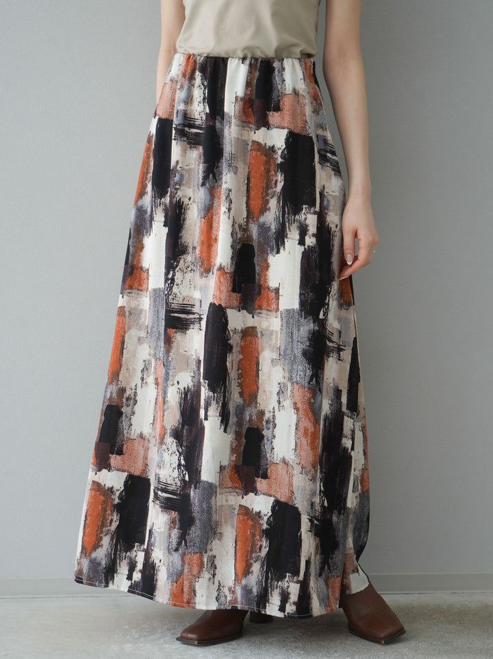 [予約]ペイント柄フレアロングスカート/ベージュ