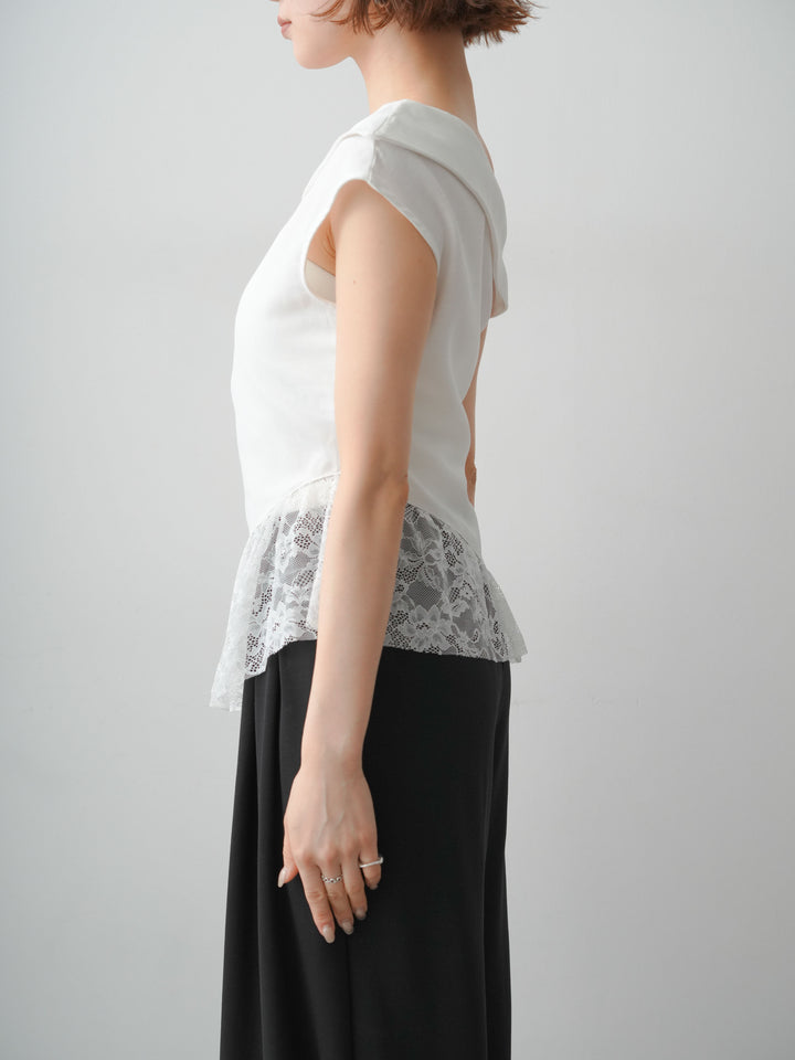 [予約]アシンメトリーラッフルレースヘムトップス/white