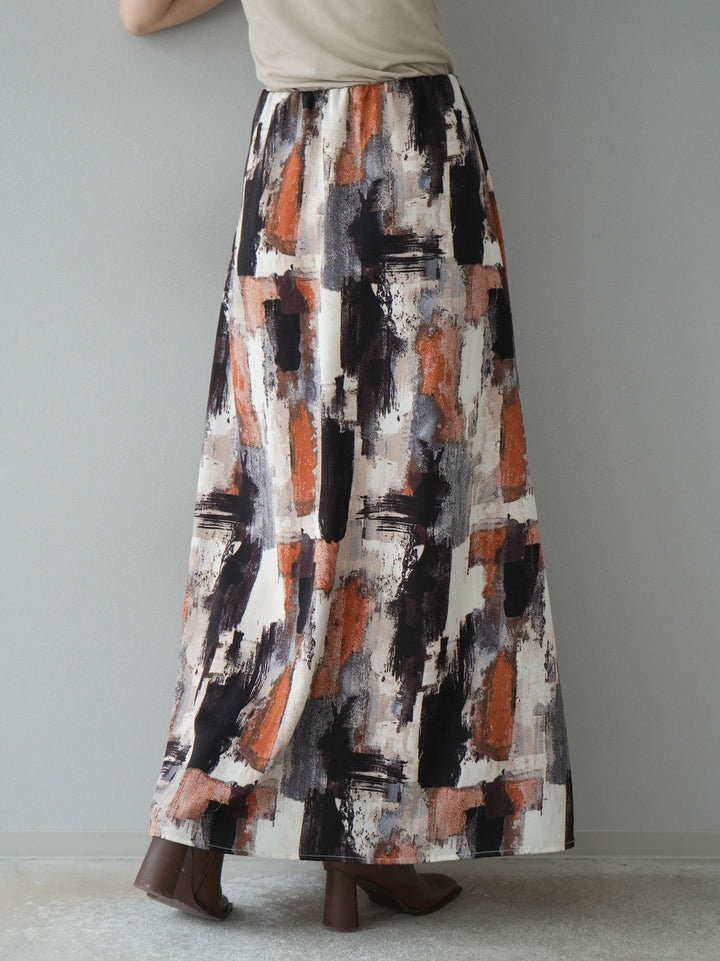 [予約]ペイント柄フレアロングスカート/ベージュ
