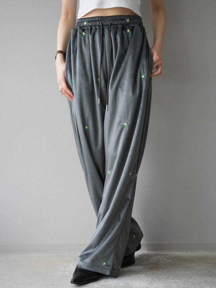 [予約]フラワー刺繍イージーパンツ/グレー
