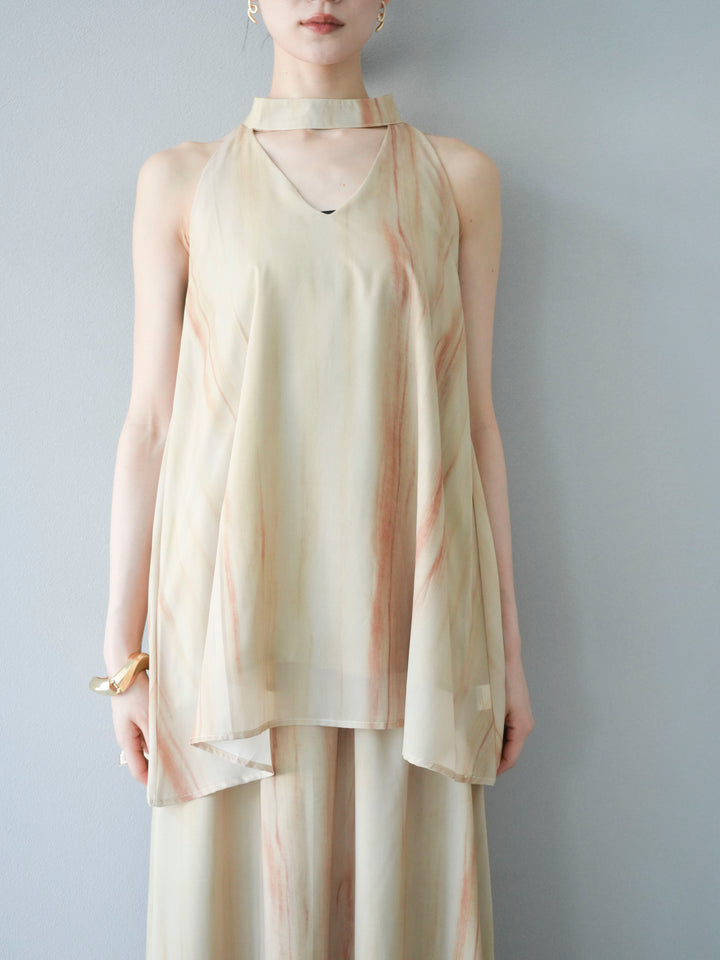 [SET] 細膩花紋V領襯衫＆喇叭裙（2套）