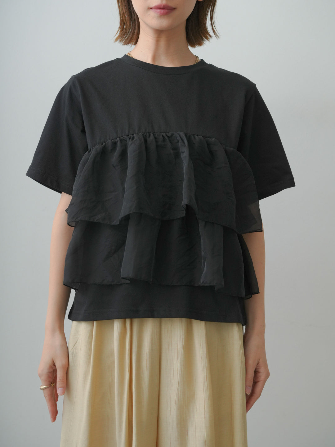 [予約]オーガンジーフリルドッキングTEE/black