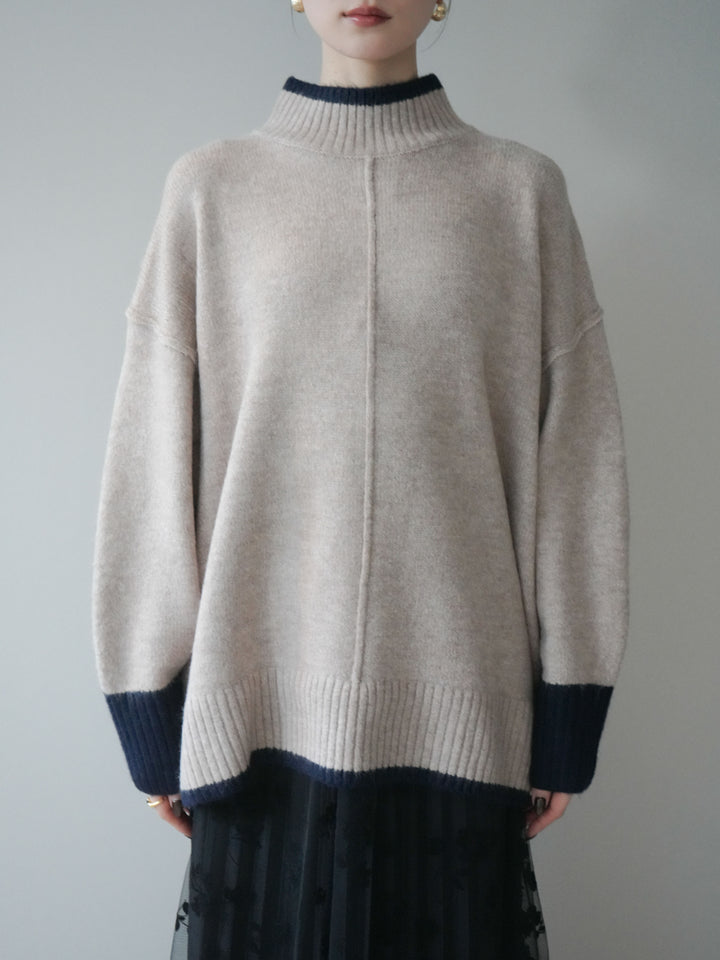 [予約]配色ハイネックニットプルオーバー/beigenavy