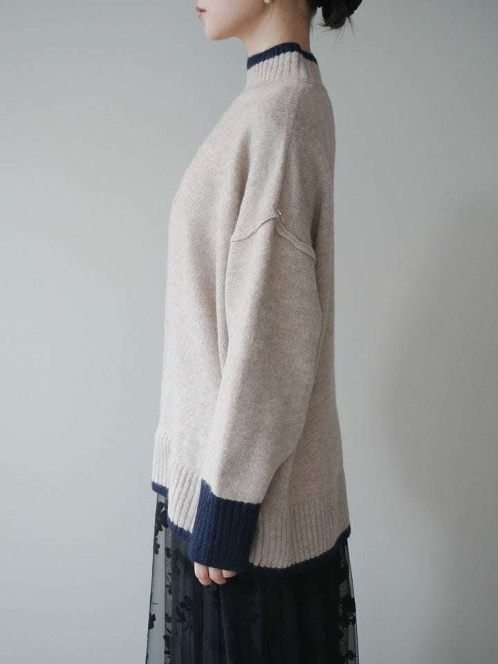 [予約]配色ハイネックニットプルオーバー/beigenavy
