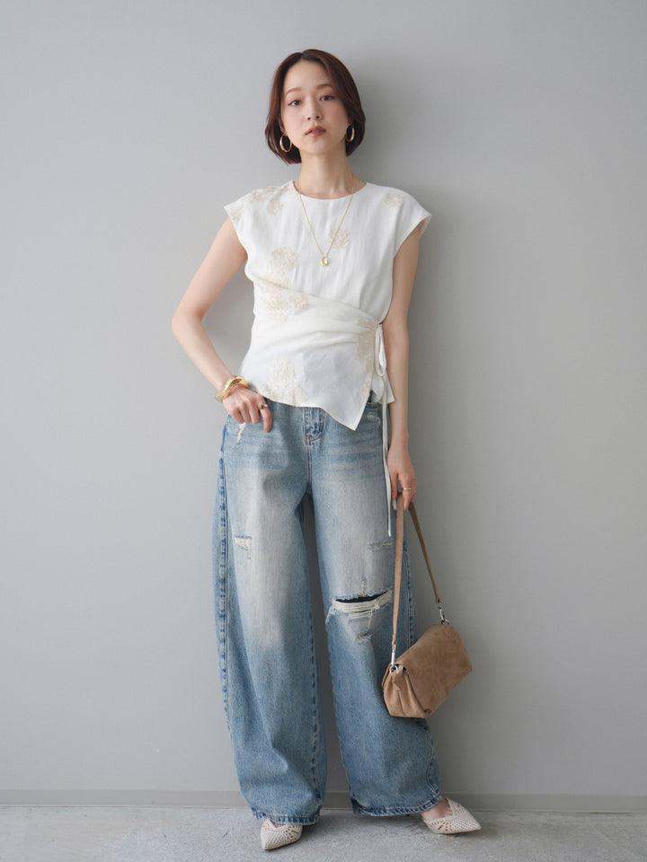 [SET]リネンタッチフラワージャガードトップス+選べるアクセセット(2set)