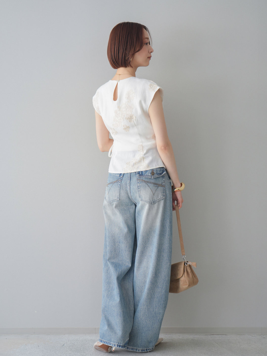 [SET]リネンタッチフラワージャガードトップス+ダメージデニムセミワイドパンツ(2set)