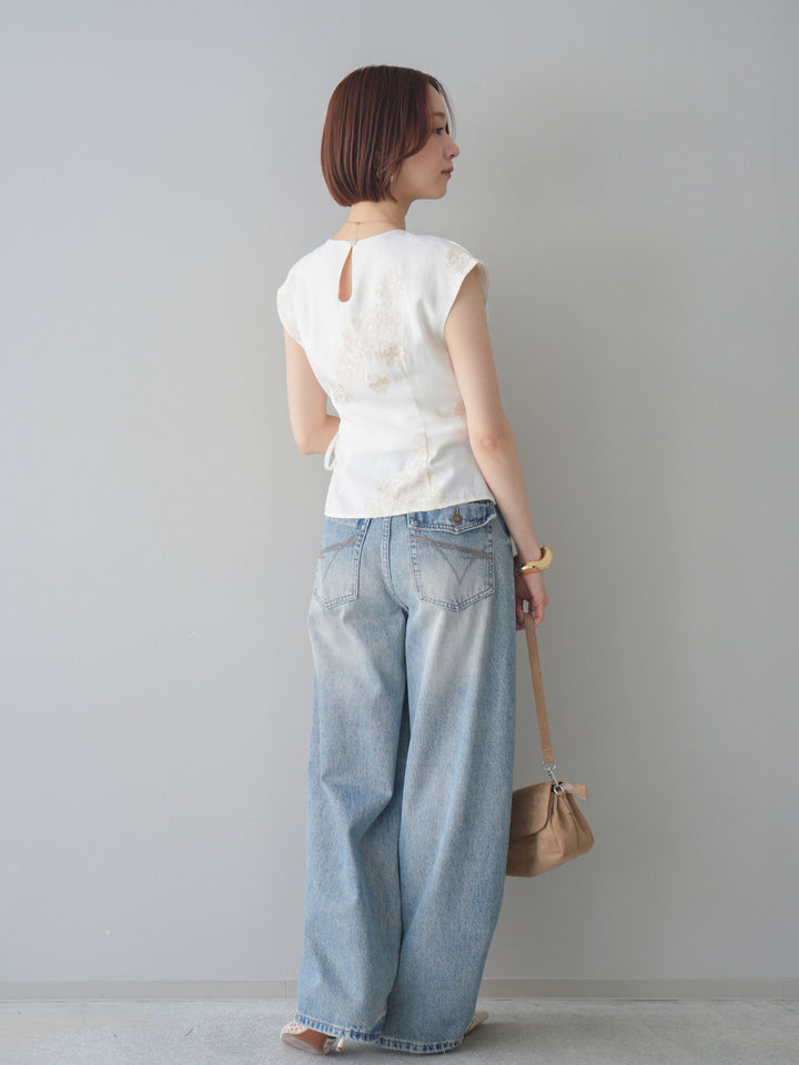[SET]リネンタッチフラワージャガードトップス+ダメージデニムセミワイドパンツ(2set)