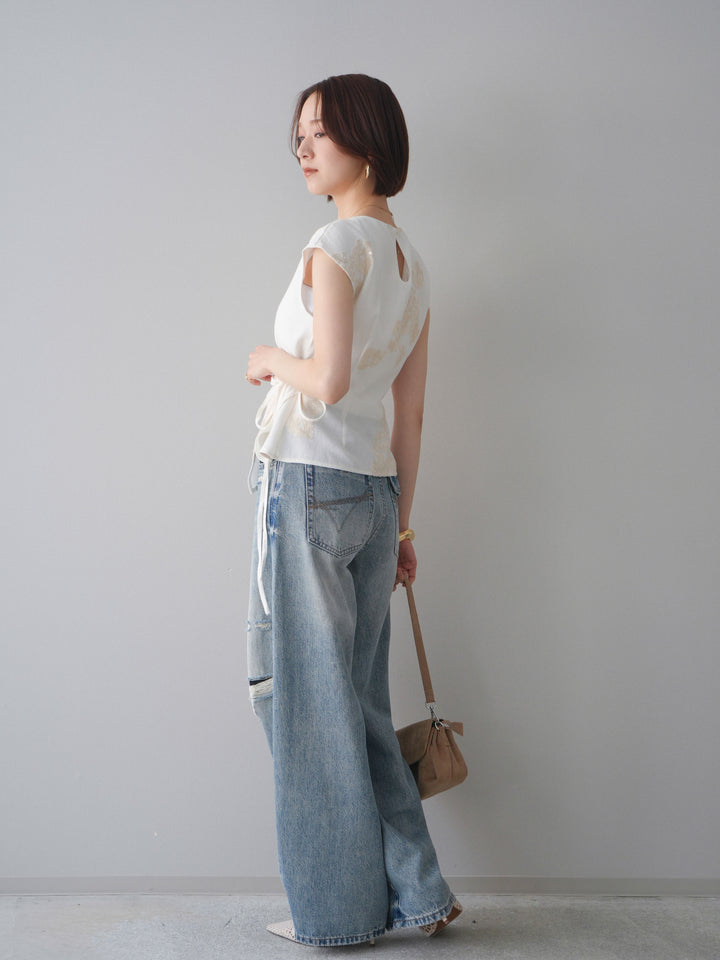 [SET]リネンタッチフラワージャガードトップス+ダメージデニムセミワイドパンツ(2set)