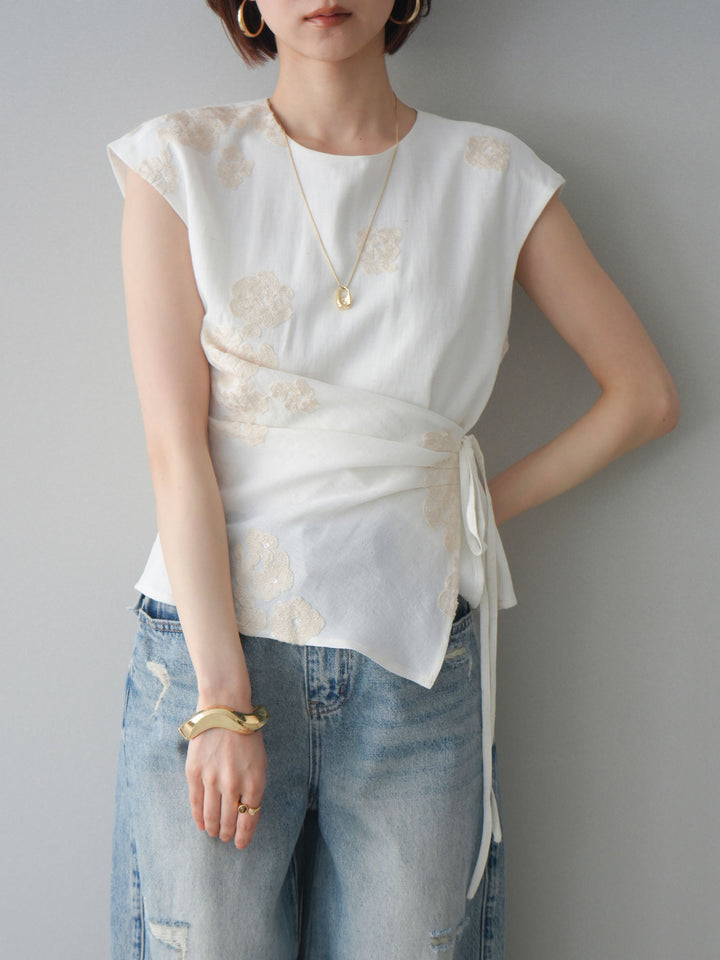 [SET]リネンタッチフラワージャガードトップス+ダメージデニムセミワイドパンツ(2set)