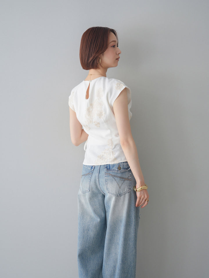 [SET]リネンタッチフラワージャガードトップス+ダメージデニムセミワイドパンツ(2set)