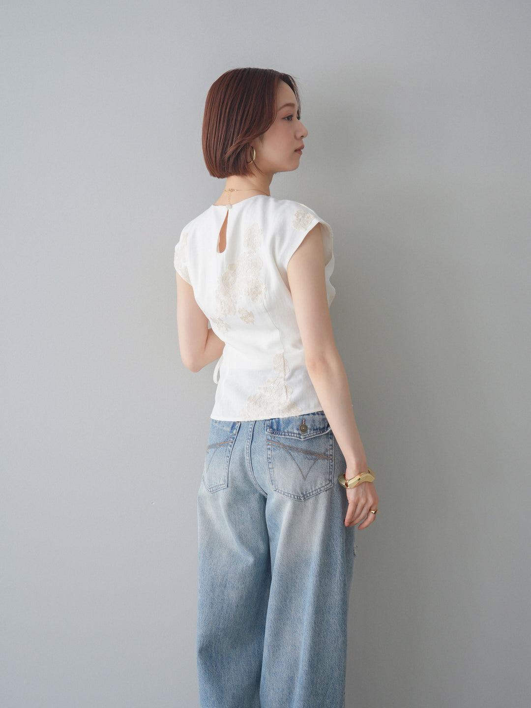 [SET]リネンタッチフラワージャガードトップス+選べるアクセセット(2set)