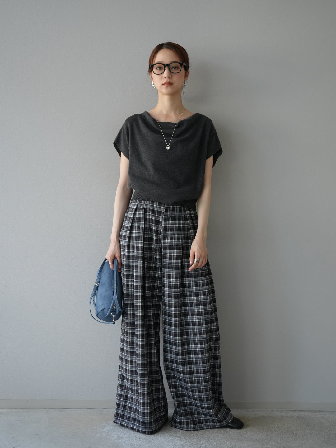 [予約]ウールタッチチェックワイドパンツ/ブラック