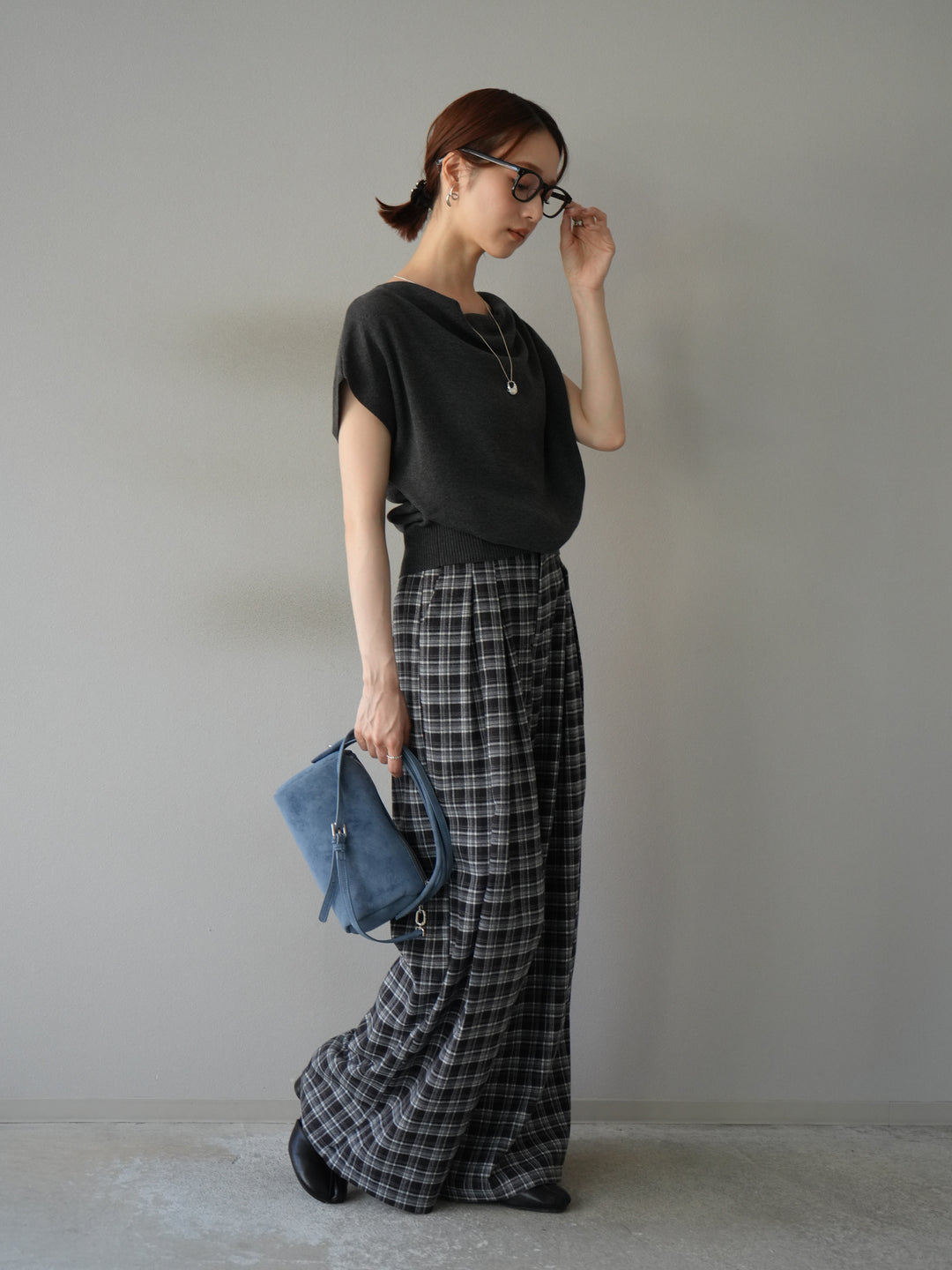 [予約]ウールタッチチェックワイドパンツ/ブラック