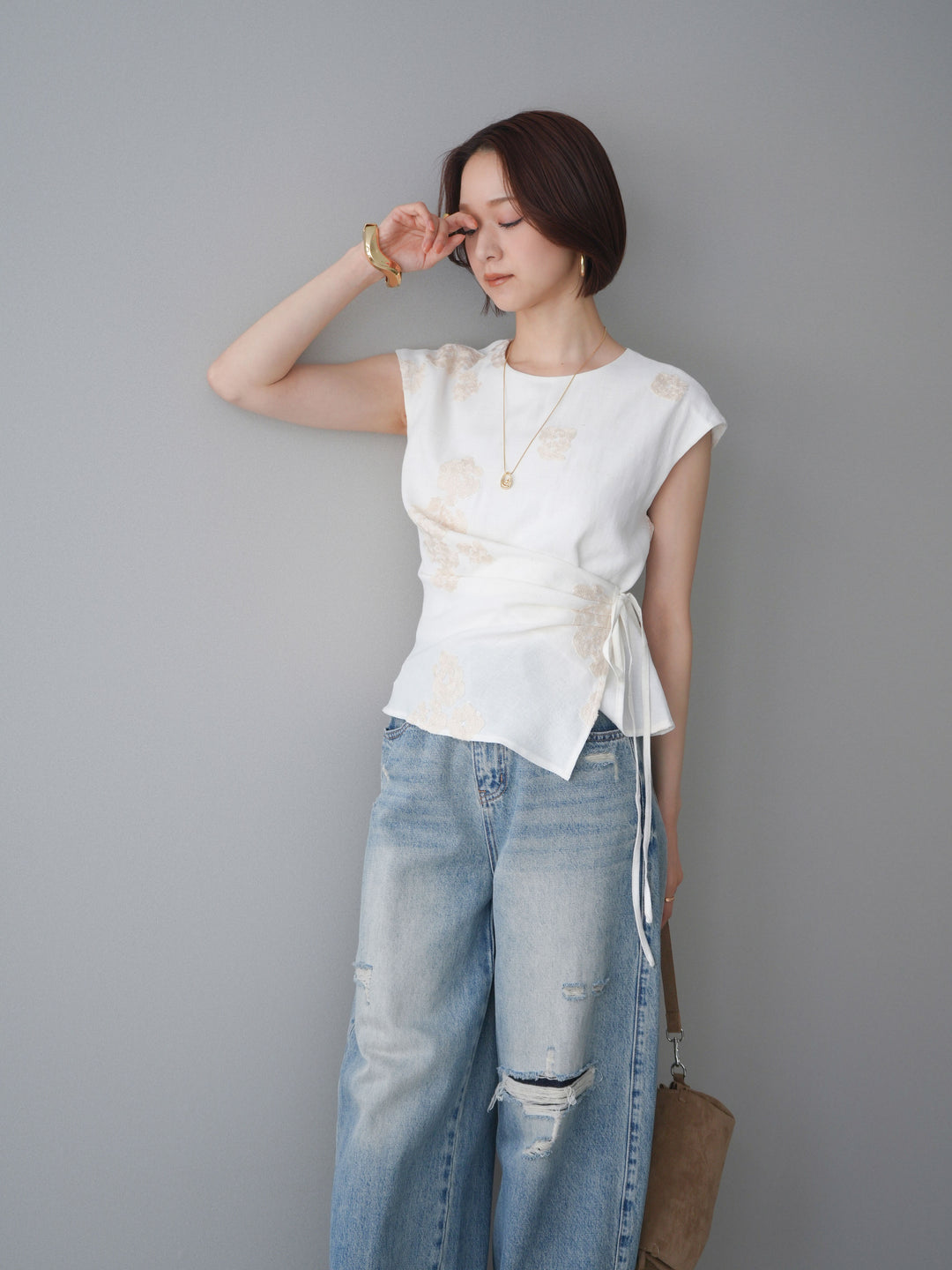 [SET]リネンタッチフラワージャガードトップス+ダメージデニムセミワイドパンツ(2set)