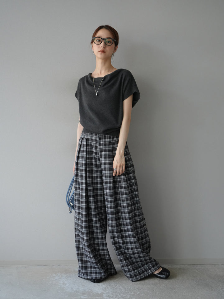 [予約]ウールタッチチェックワイドパンツ/ブラック