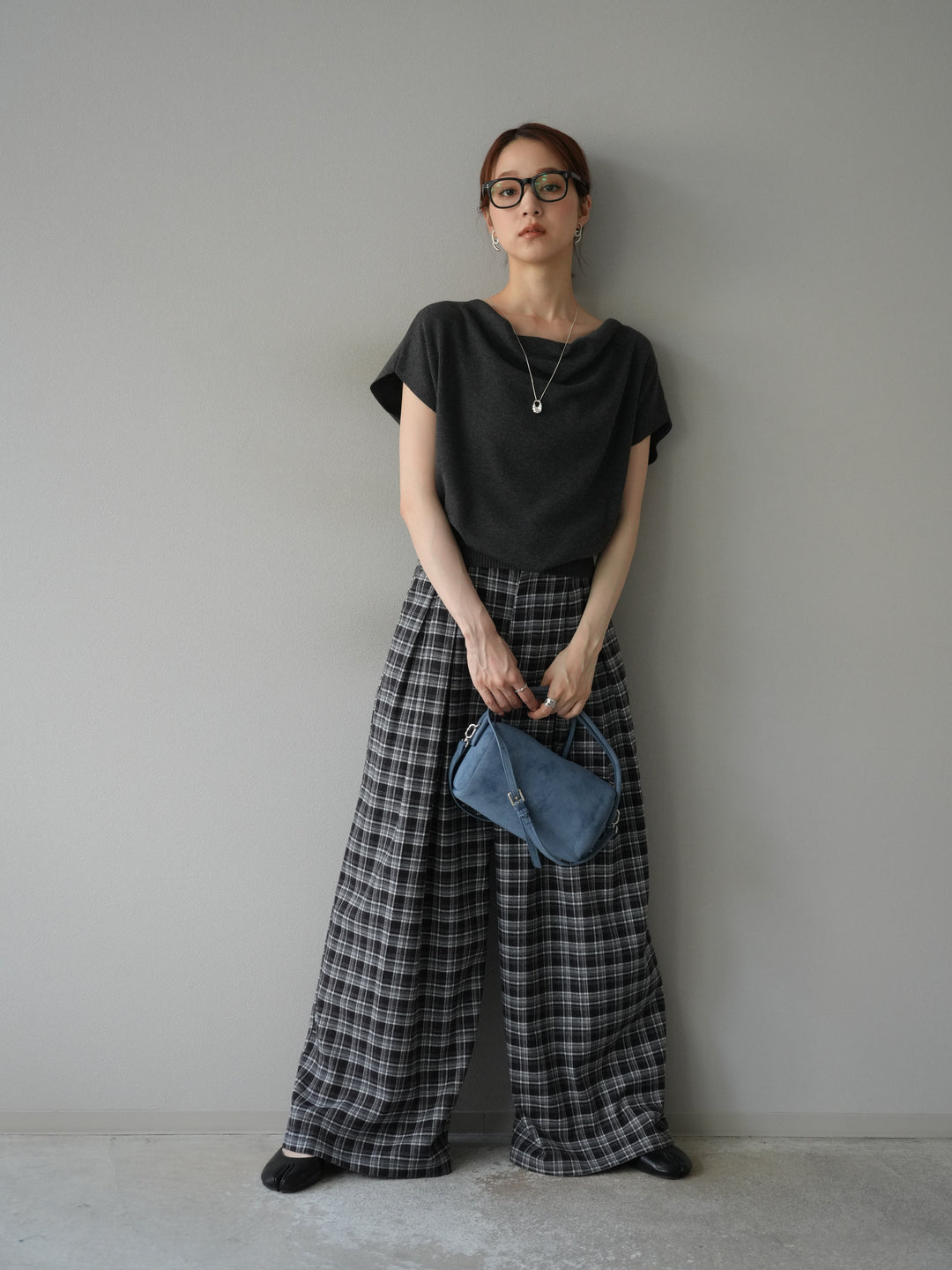 [予約]ウールタッチチェックワイドパンツ/ブラック