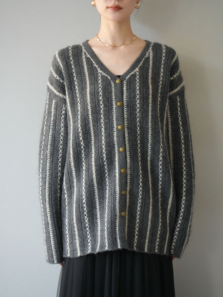 [予約]ストライプVネックニットカーディガン/グレー