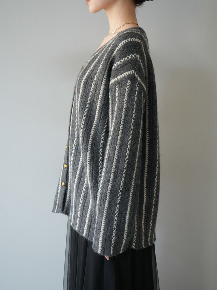 [予約]ストライプVネックニットカーディガン/グレー